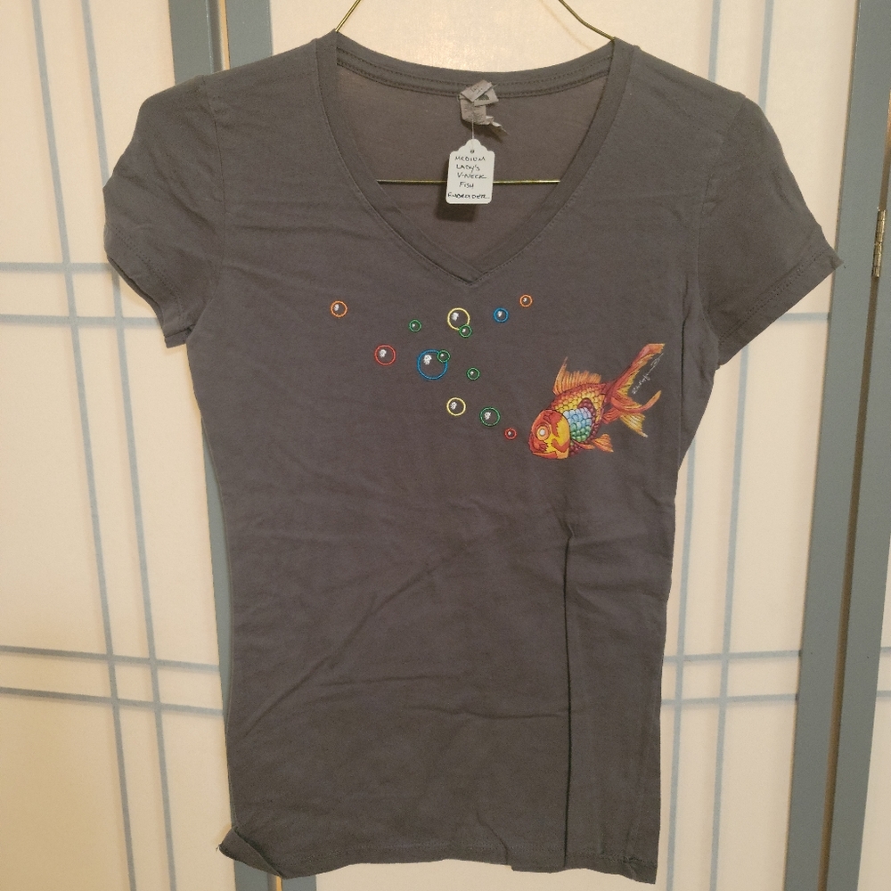 Discontinued Lady's V-neck Graphic Tee "Fish" by rk3handcrafted, as-is